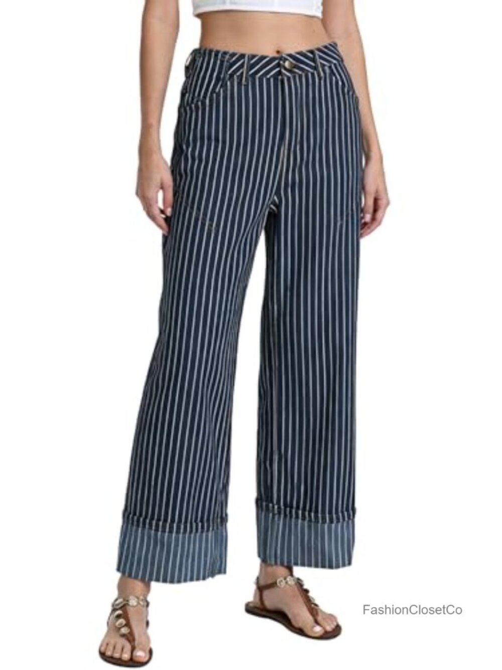 High Waist Wide Leg Baggy Jeans Striped Women Denim Pants Cuffed